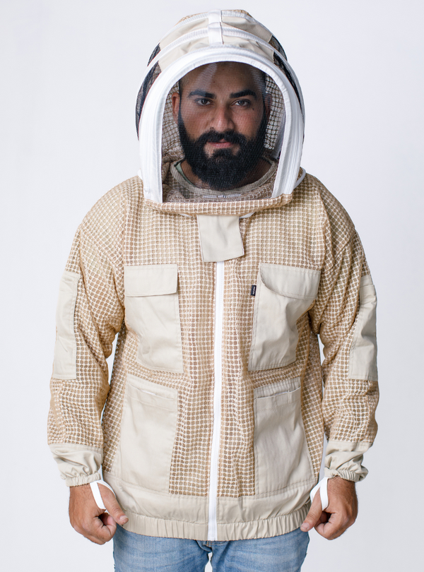 Man in a Triple Vent-Armor Beekeeping Jacket featuring Fencing veil, elastic cuffs, triple-layer ventilation for enhanced airflow, ensuring cool and comfortable wear during beekeeping tasks.