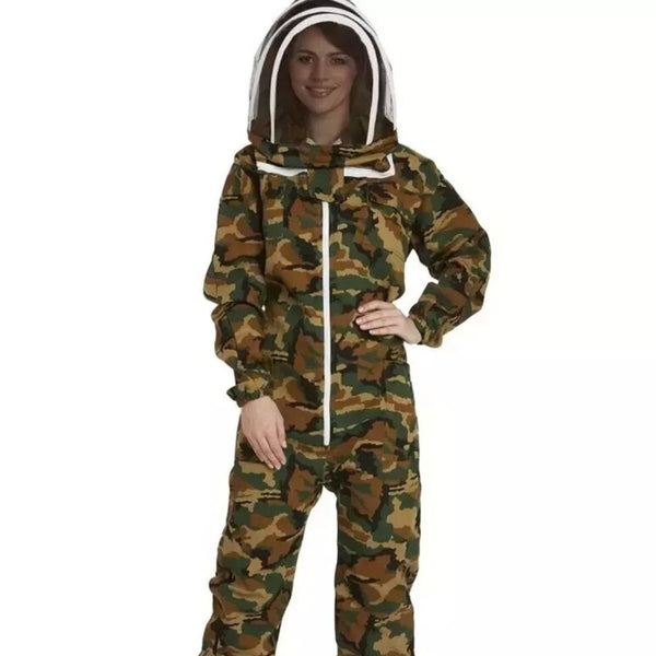 Camo Vented Adult Children Mesh Honey Beekeeping Bee Suit has Fencing Veil, crafted with breathable fabric for comfort during long hours in the hive.