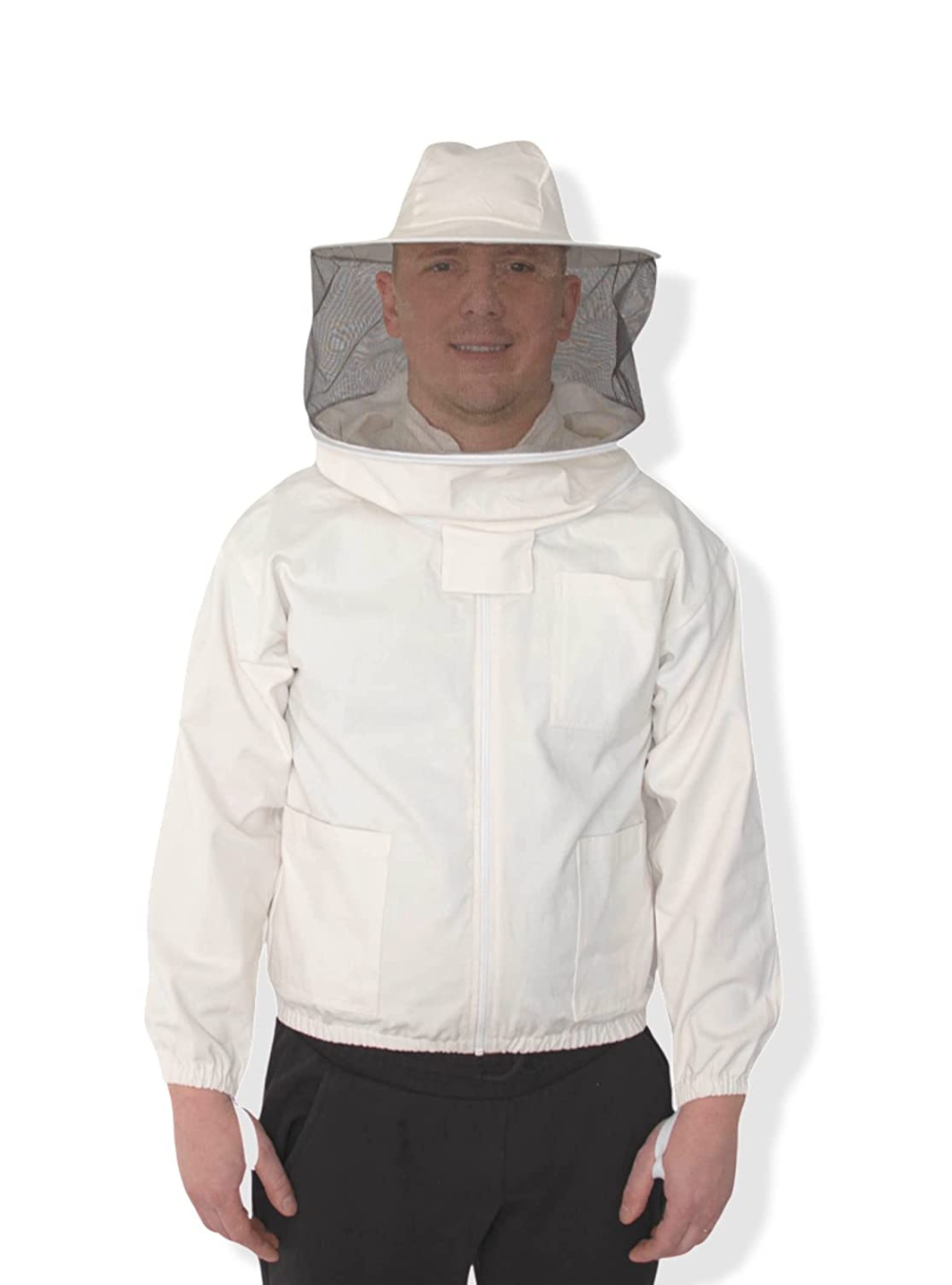 The beekeeper is wearing a vented white mesh jacket and with a Fencing Veil