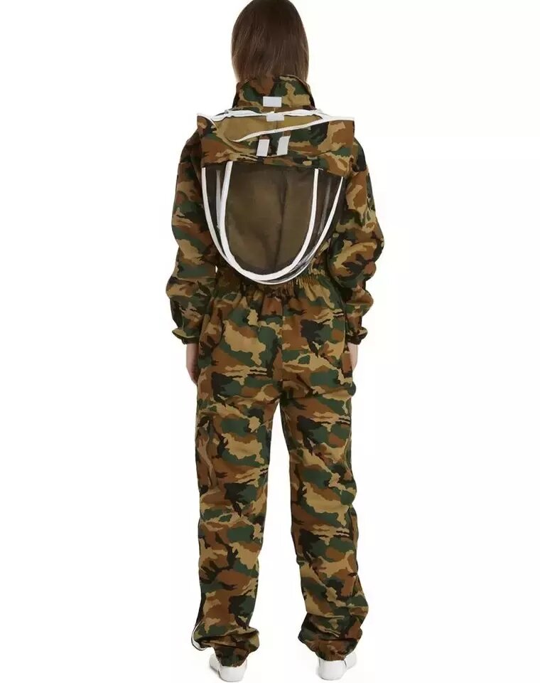 Camo Vented Adult Children Mesh Honey Beekeeping Bee Suit has Detachable Fencing Veil,  crafted with breathable fabric for comfort during long hours in the hive Back look.