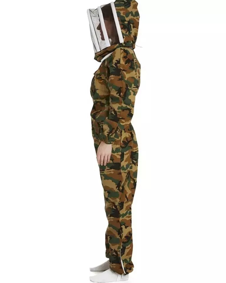 Camo Vented Adult Children Mesh Honey Beekeeping Bee Suit has Fencing Veil,  crafted with breathable fabric for comfort during long hours in the hive Side pose.