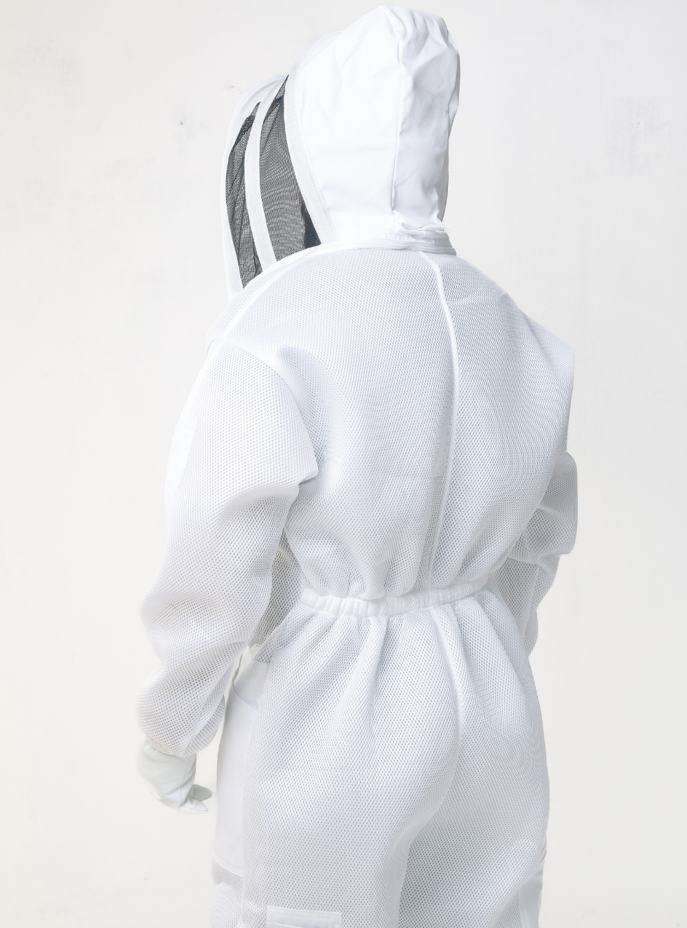 Beekeeper in a white AirFlow Pro Beekeeping Suit with Fencing Veil Back look closeup.