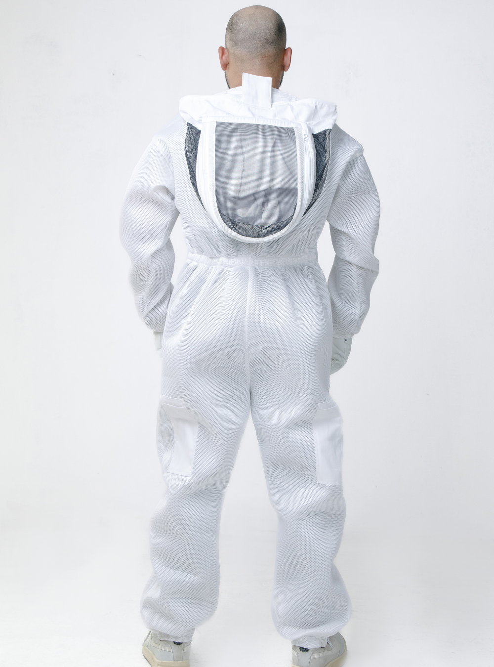 Back look of 3-Layer HiveSafe Triple Protection Suit incorporating a zippered front closure, detachable Fencing Vail.