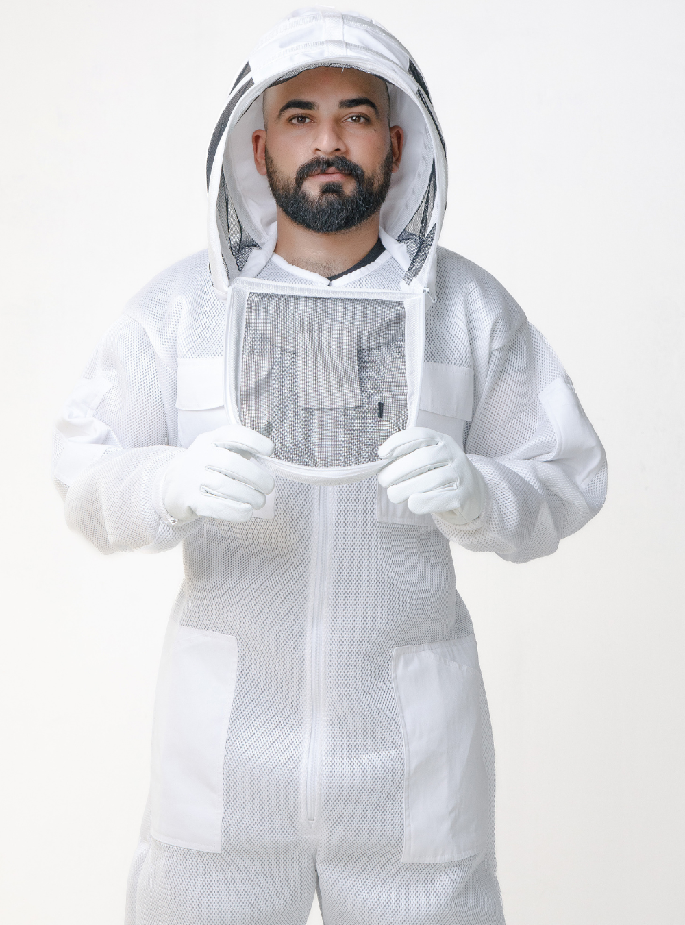 The beekeeper is wearing AirFlow Pro Beekeeping with open Face Zipper Closeup.