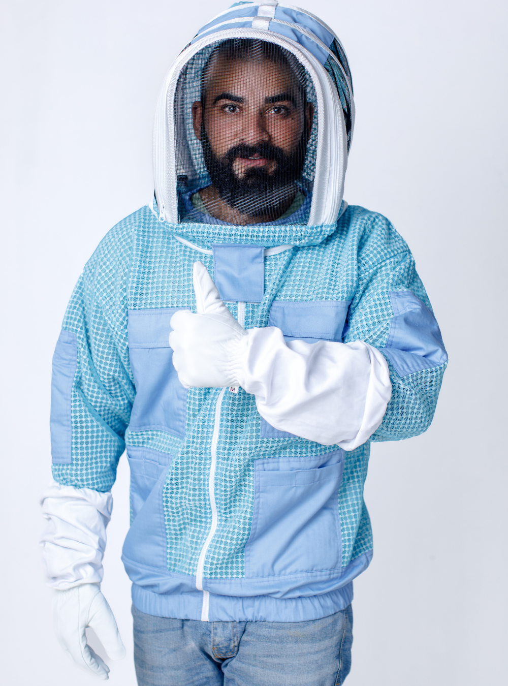 A light Blue AquaMesh Jacket with mesh hood and matching Gloves.