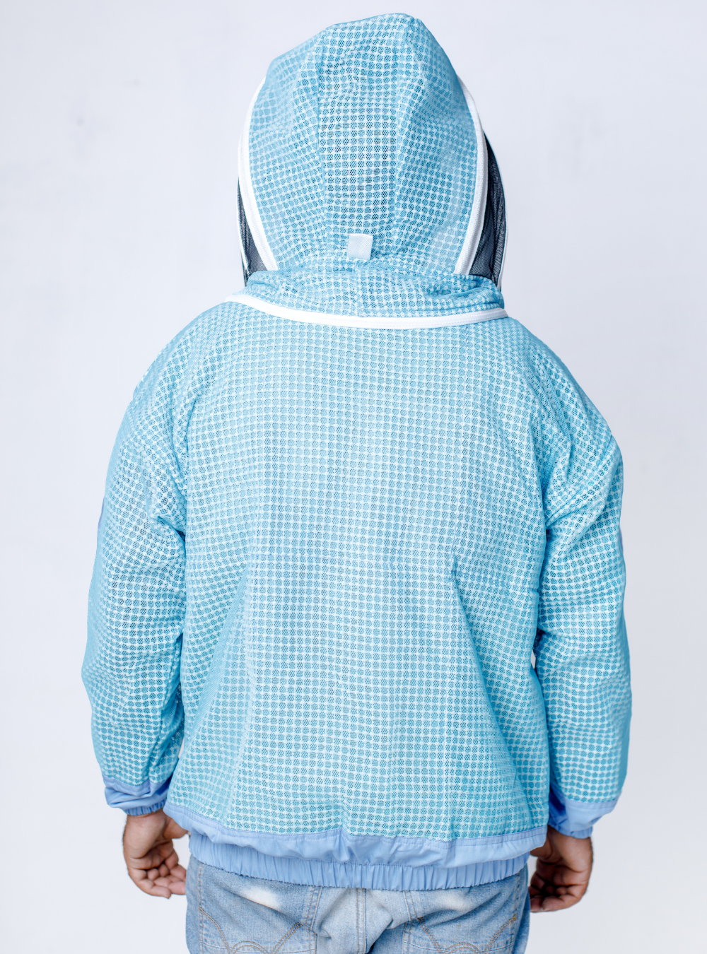 Aqua Blue Beekeeping jacket with adjustable hood and stretchable cuffs Back Look.