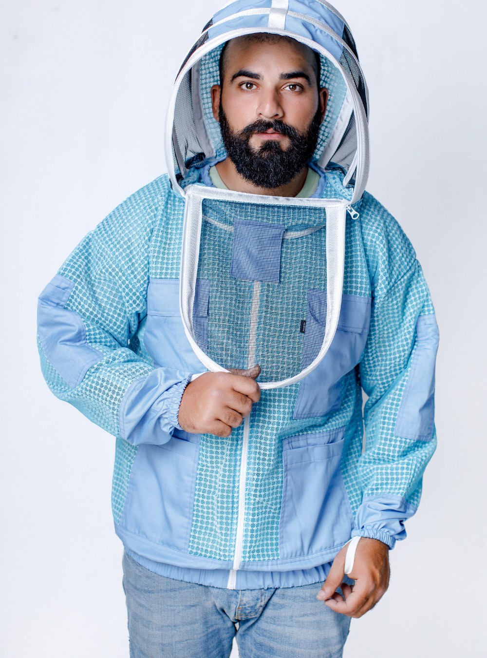 Blue patterned beekeeping jacket featuring a breathable mesh face cover.