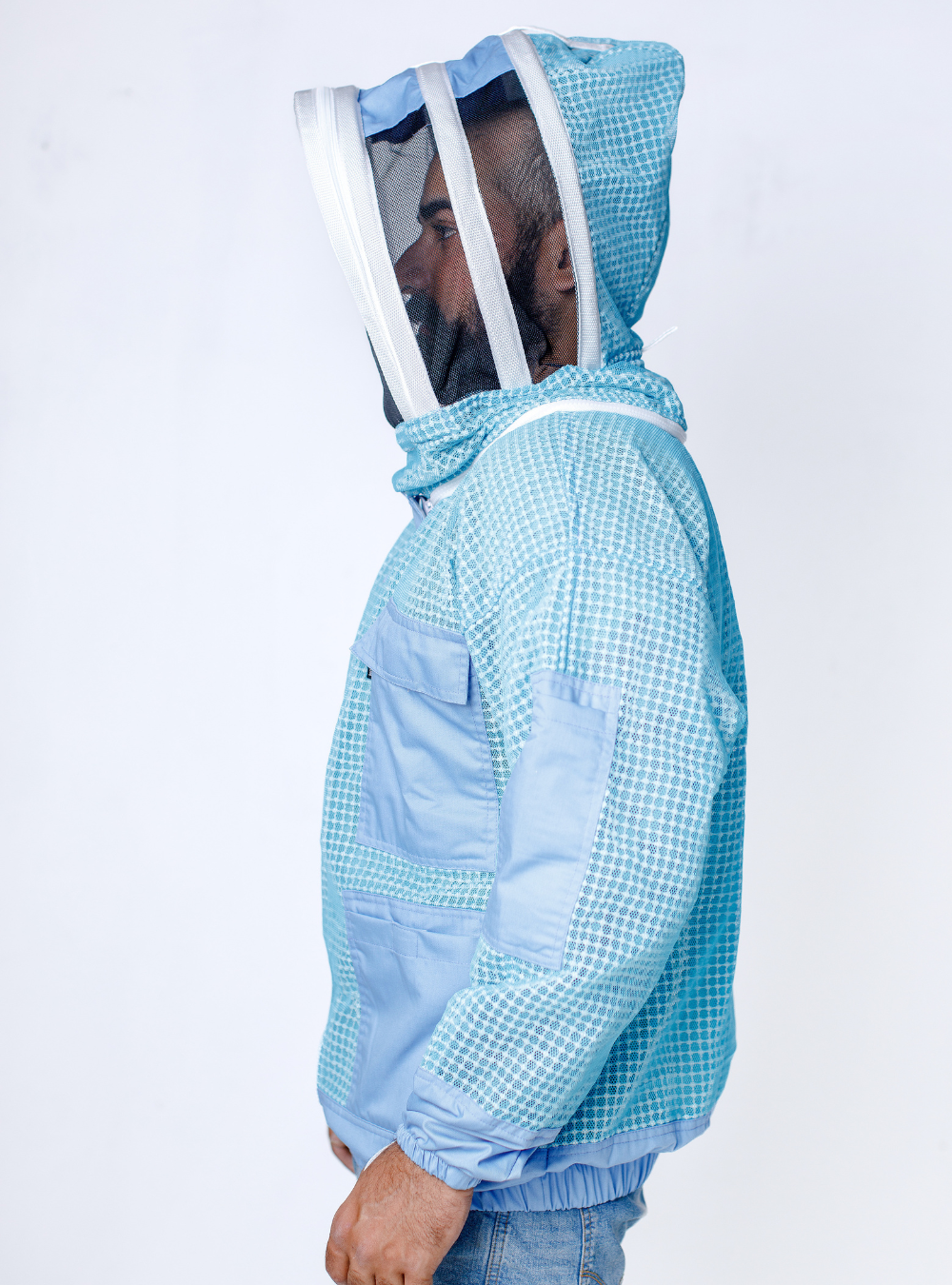   Aqua Blue Beekeeping jacket with adjustable hood and stretchable cuffs.
