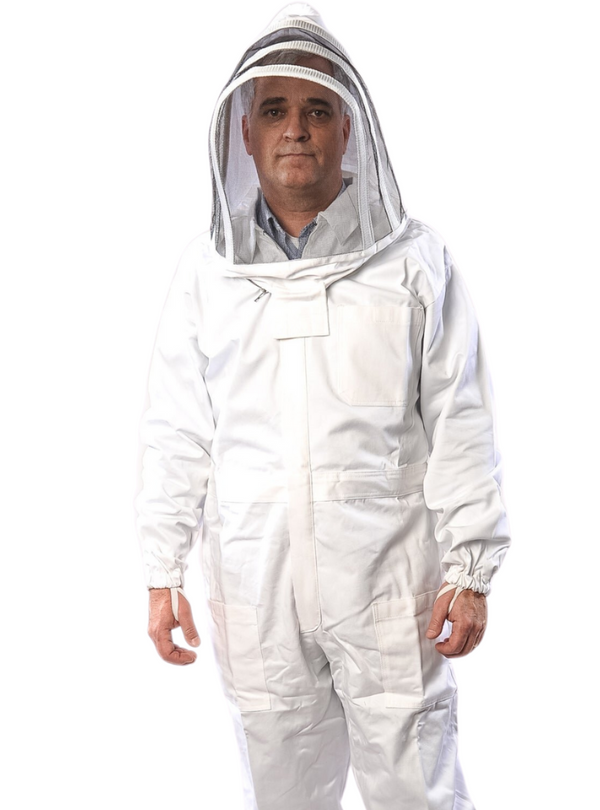 White Astro cotton suit with a fencing-style hood and secure front pockets