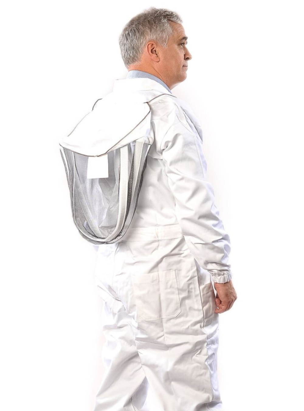 A side Profile of Astro White Cotton bee suit featuring a white cotton design and a ventilated fencing veil.
