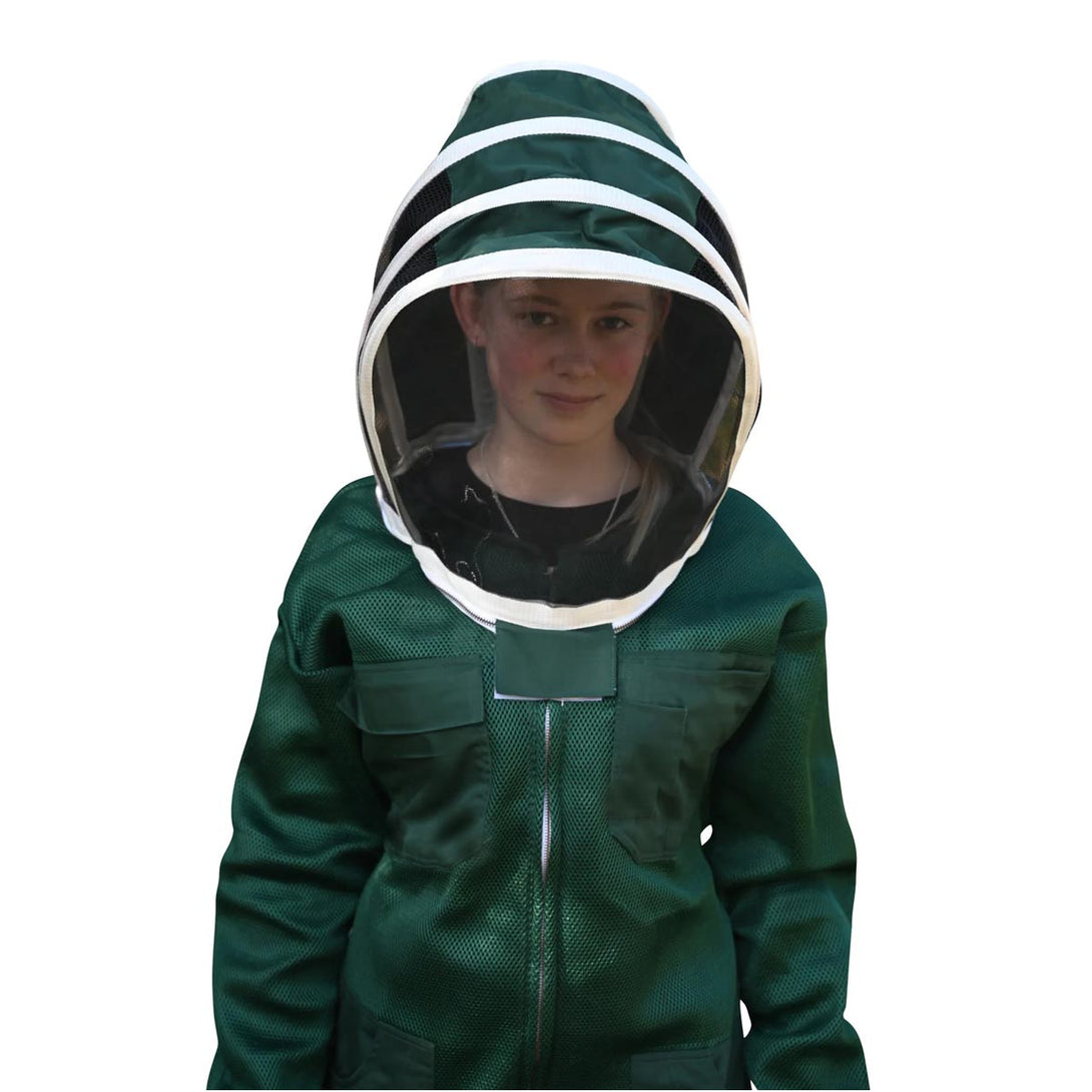 Closeup of  Green Foam Mesh Ventilated Bee Suit with Fencing veil, matching gloves, breathable fabric and a secure zippered closure for safety.