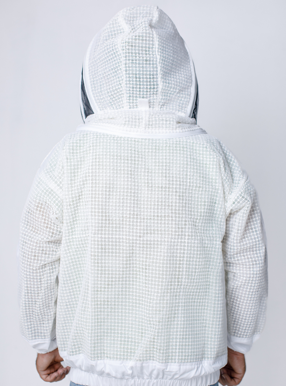 A 3 layer ventilated 'BeeAir White Jacket' for beekeeping, with Fencing Veil Back Look