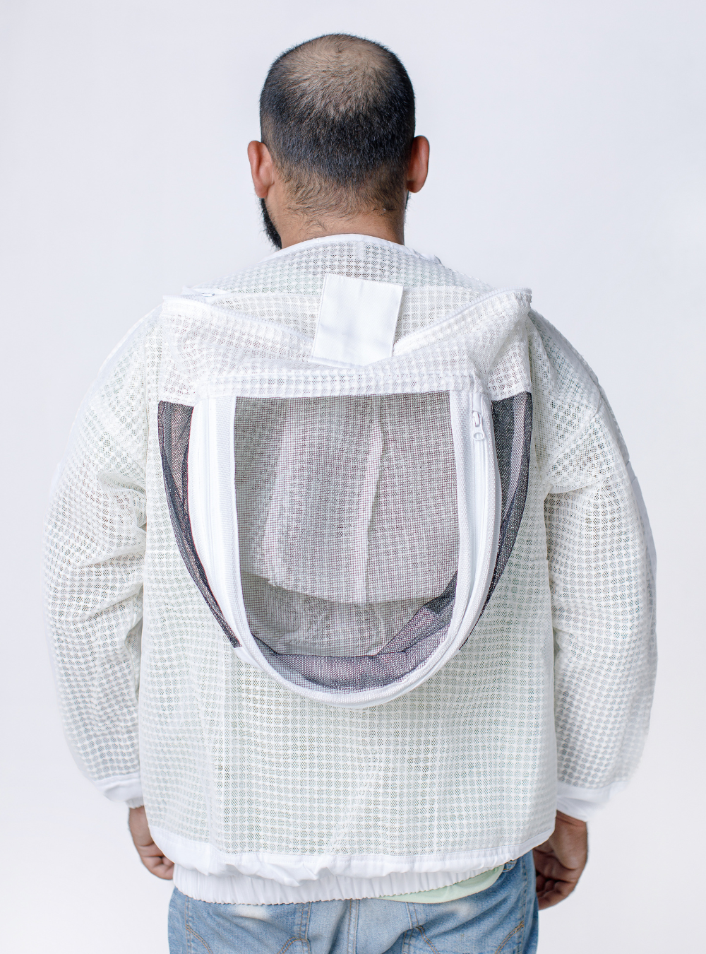 A 3 layer ventilated 'BeeAir White Jacket' for beekeeping, complete with detachable Fencing Veil Back Look