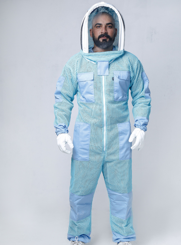 A Sky Blue beekeeping suit, incorporating a zippered front closure, Fencing Vail, and double-stitched construction for durability.