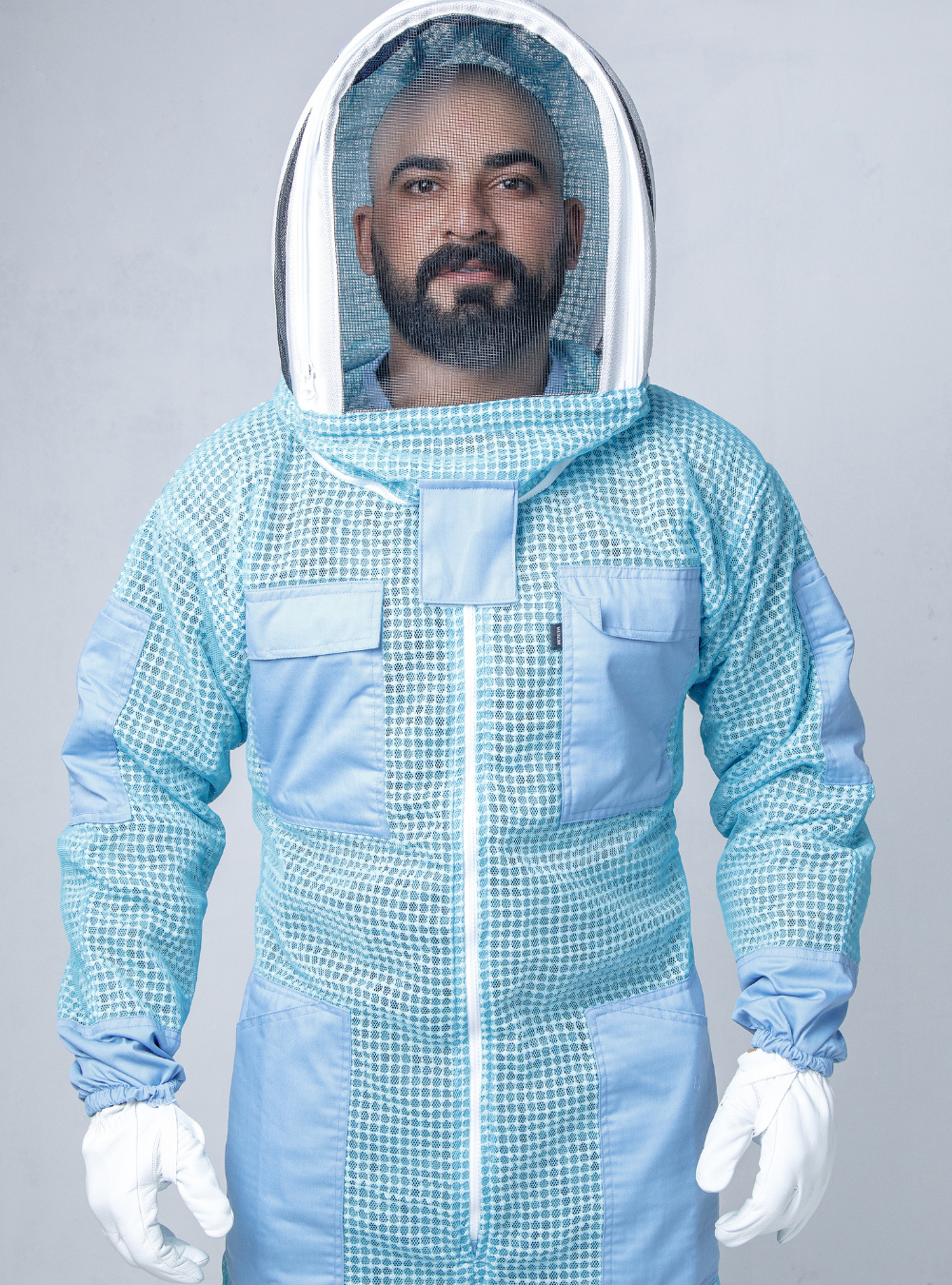 BlueSky Beekeeper Suit' with a Ventilated Fencing hood, Gloves, Ample pockets and blue pattern.