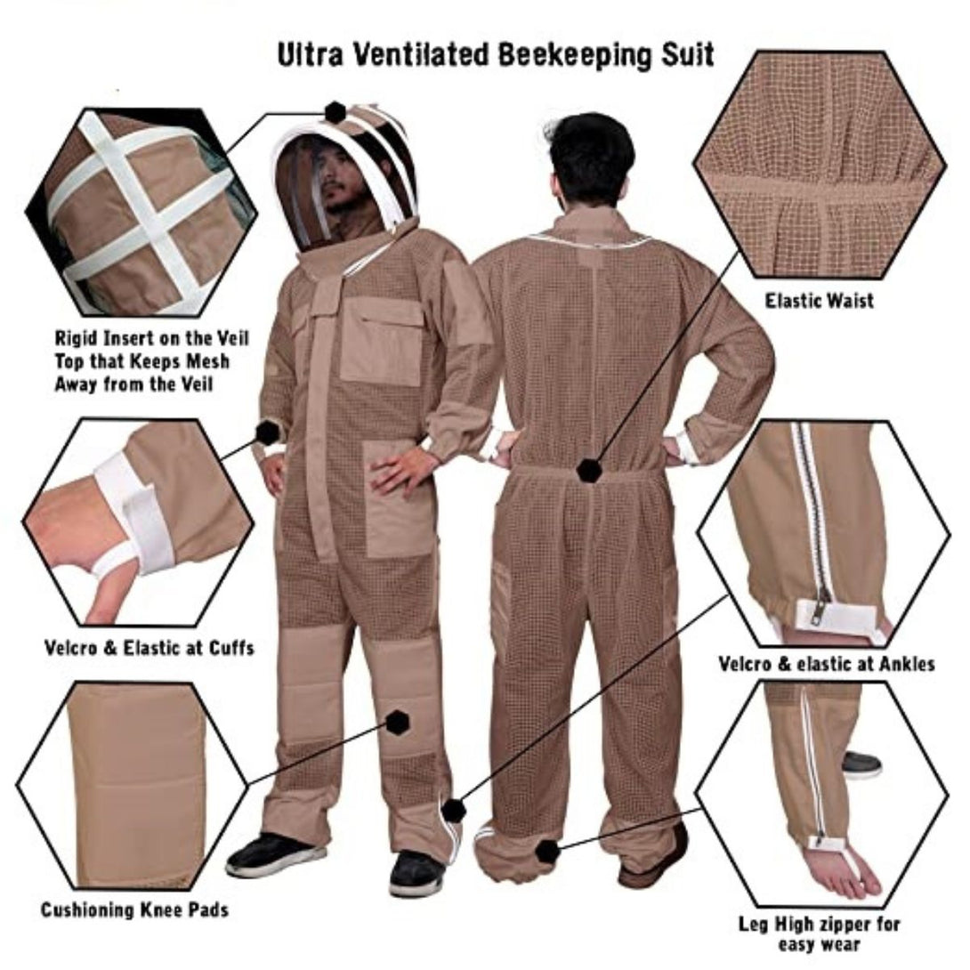 Promotional image of the Ultrabreeze Bee Suit, highlighting its airiness and functionality with features like two types of detachable veils, reinforced knee pads, and multiple pockets for tools, ensuring safety and convenience for beekeepers.