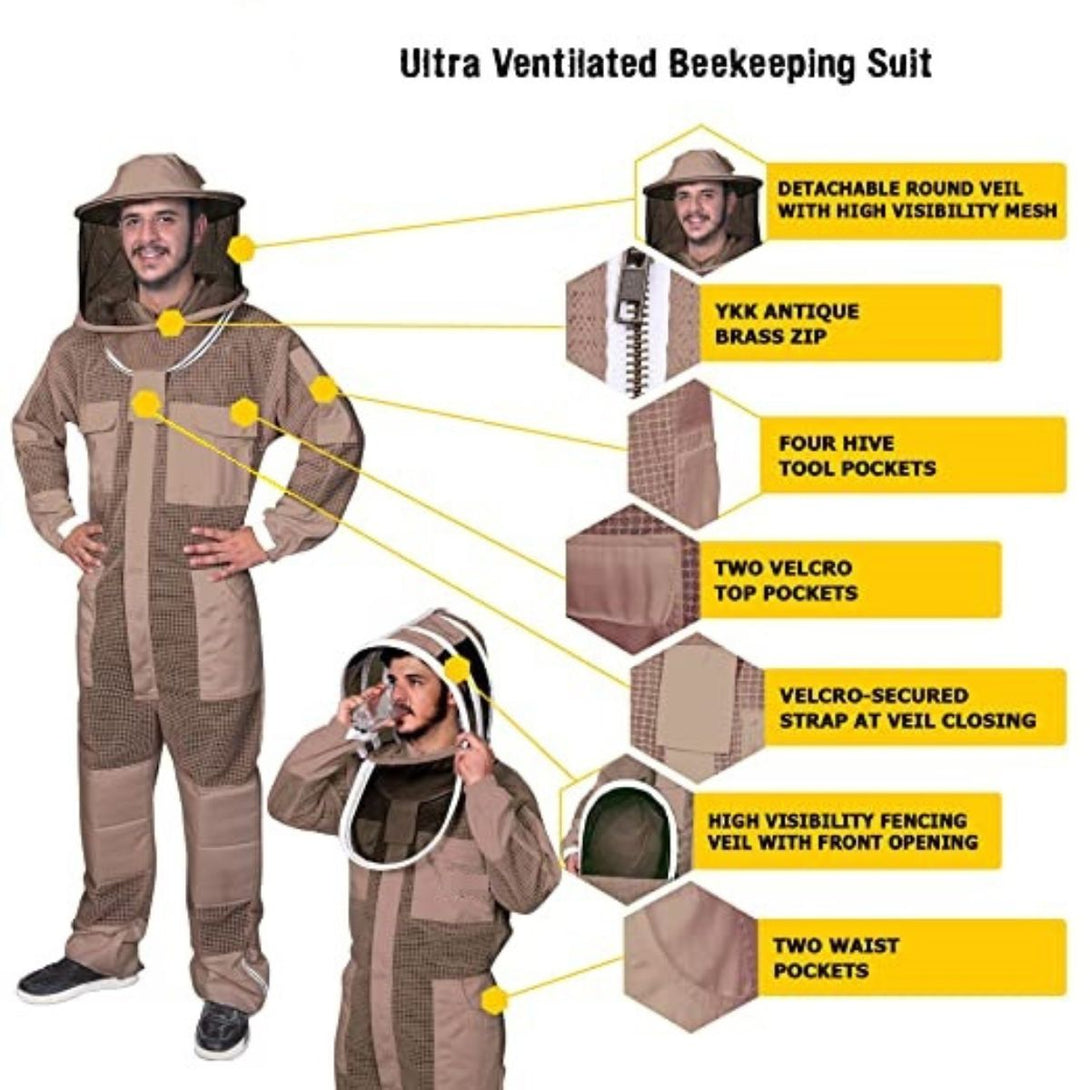 Promotional image of the Ultrabreeze Bee Suit, highlighting its airiness and functionality with features like two types of detachable veils, reinforced knee pads, and multiple pockets for tools, ensuring safety and convenience for beekeeper.