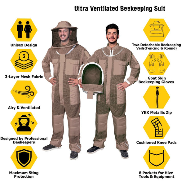 Two beekeepers modeling the Ultrabreeze Bee Suit, a unisex, ultra-ventilated suit featuring 3-layer mesh fabric for breathability, detachable veils, YKK metallic zip, and goatskin gloves, designed for maximum sting protection and comfort.