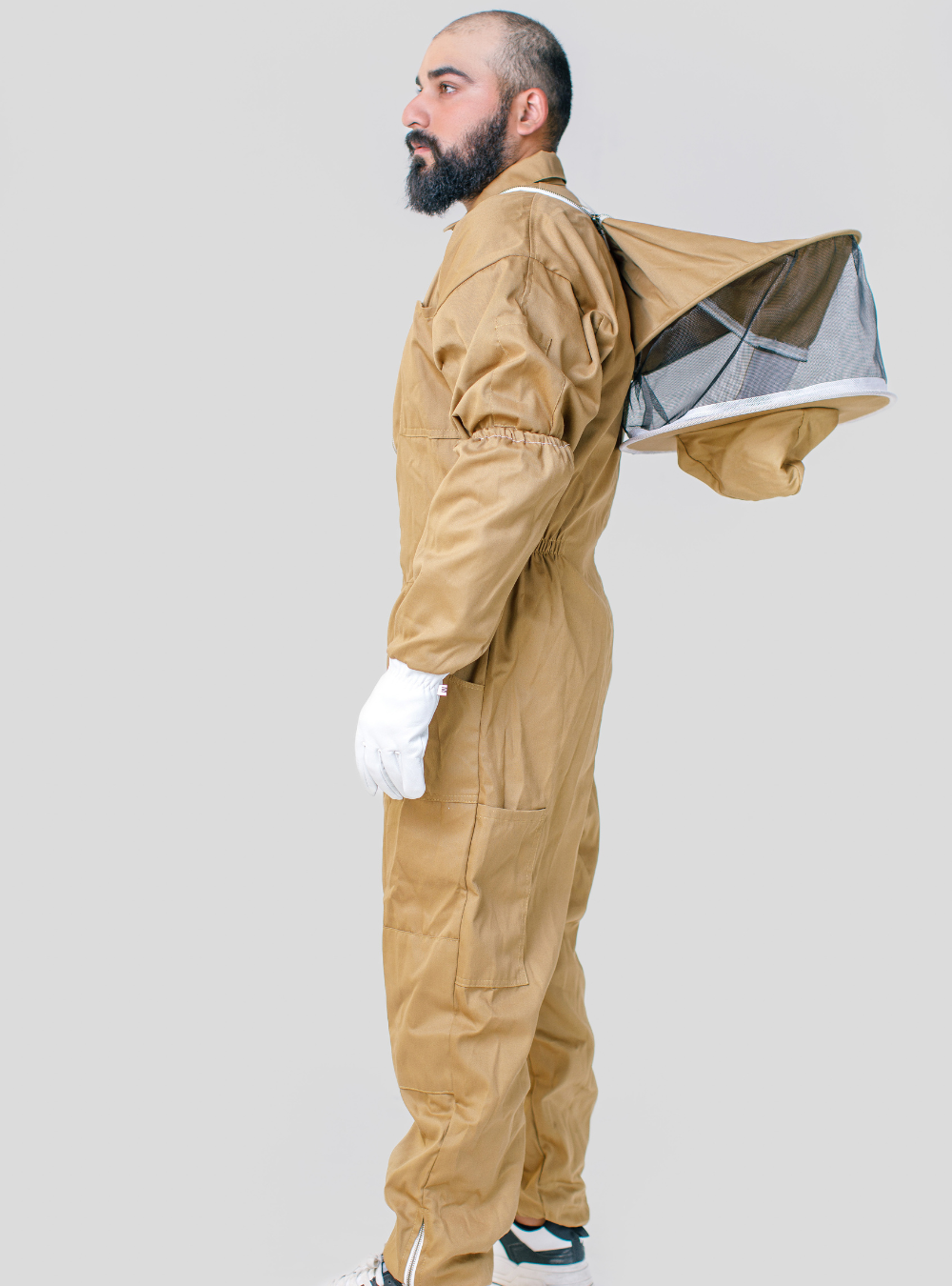 Brown Cotton Apiarist Outfit incorporates a zippered front closure, Detachable hood, matching Gloves and, double-stitched construction Back look.
