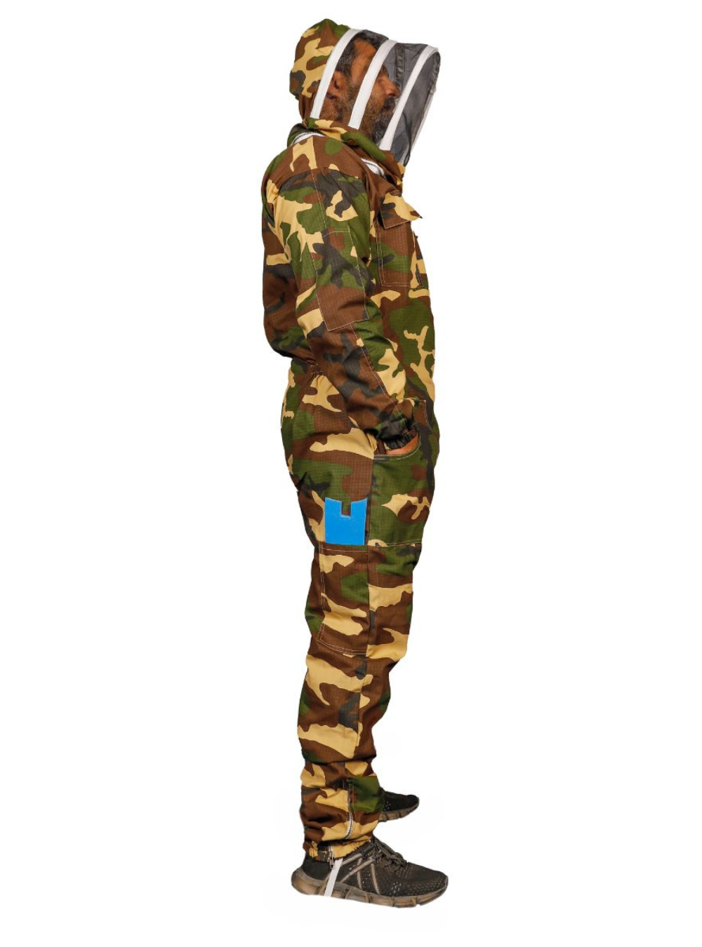 A side look of Camo Vented Mesh Beekeeping Bee suit, showcasing its sturdy construction of Fencing Veil and ample pockets.