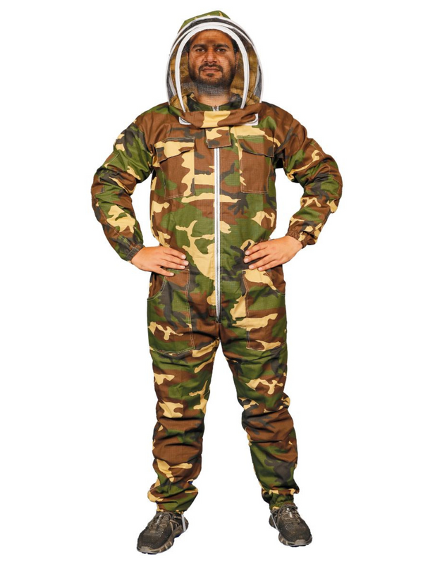 A front view of Camo Vented Mesh Beekeeping Bee suit, showcasing its sturdy construction of Fencing Veil and ample pockets.