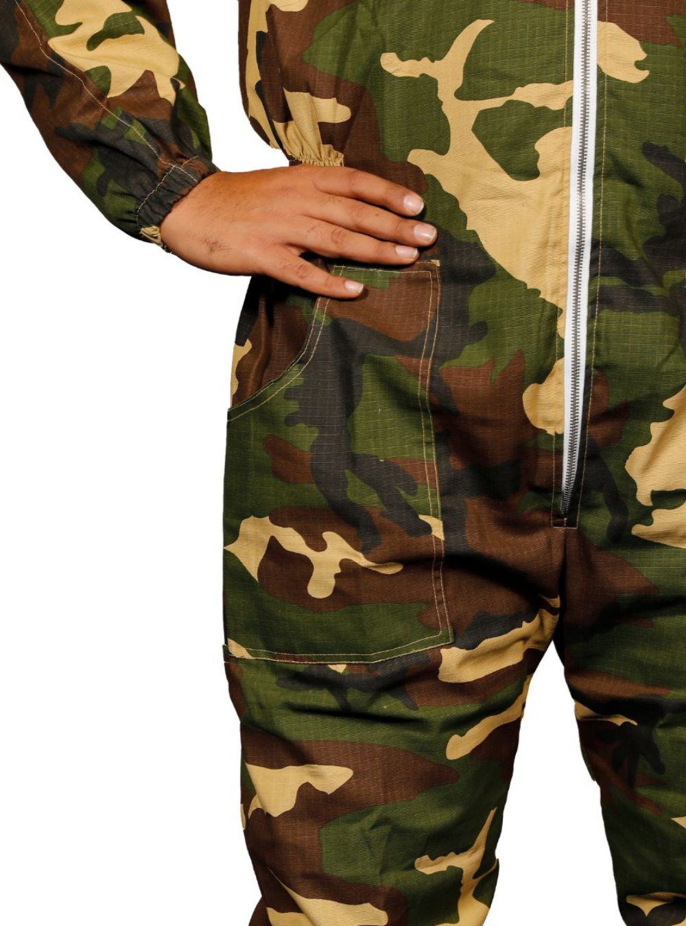 Closeup of Camo Vented Mesh Beekeeping Bee suit, showcasing its sturdy construction of elastic cuffs and ample pockets.