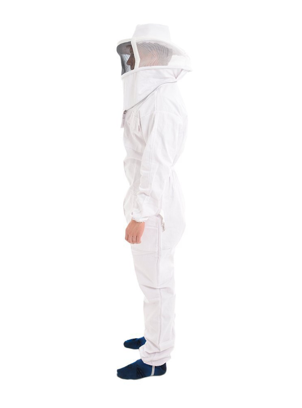 A side view of Double Upper Pocket Beekeeper Suit-Cotton Front equipped with Fencing veil, elastics cuffs and light weighted breathable cotton fabric.