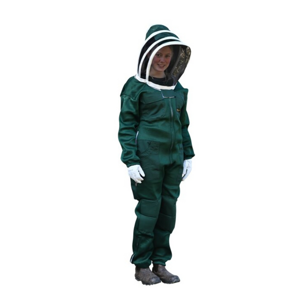 A woman showcasing Green Foam Mesh Ventilated Bee Suit with Fencing veil, matching gloves, breathable fabric and a secure zippered closure for safety.. 