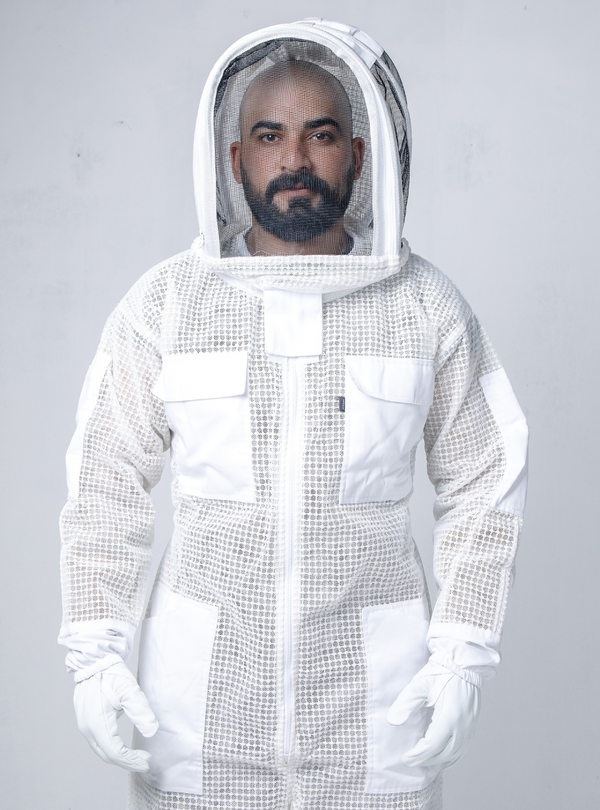 A 3-Layer HiveSafe Triple Protection Suit incorporating a zippered front closure, Fencing Vail, ample pockets, and elastic cuffs for comfort.
