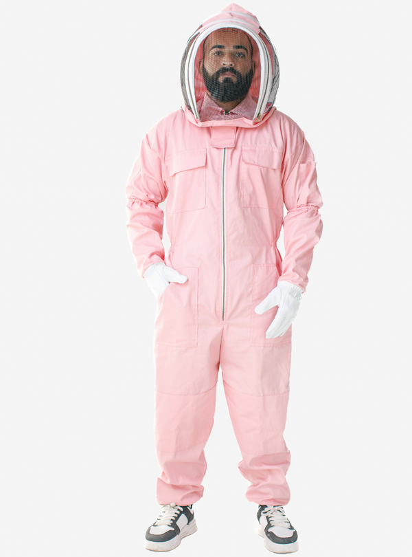 Polycotton Pink Beekeeping Suit Classic crafted with 100% poly cotton fabric, featuring a Fencing veil, matching gloves, and ample pockets for beekeeping tools.