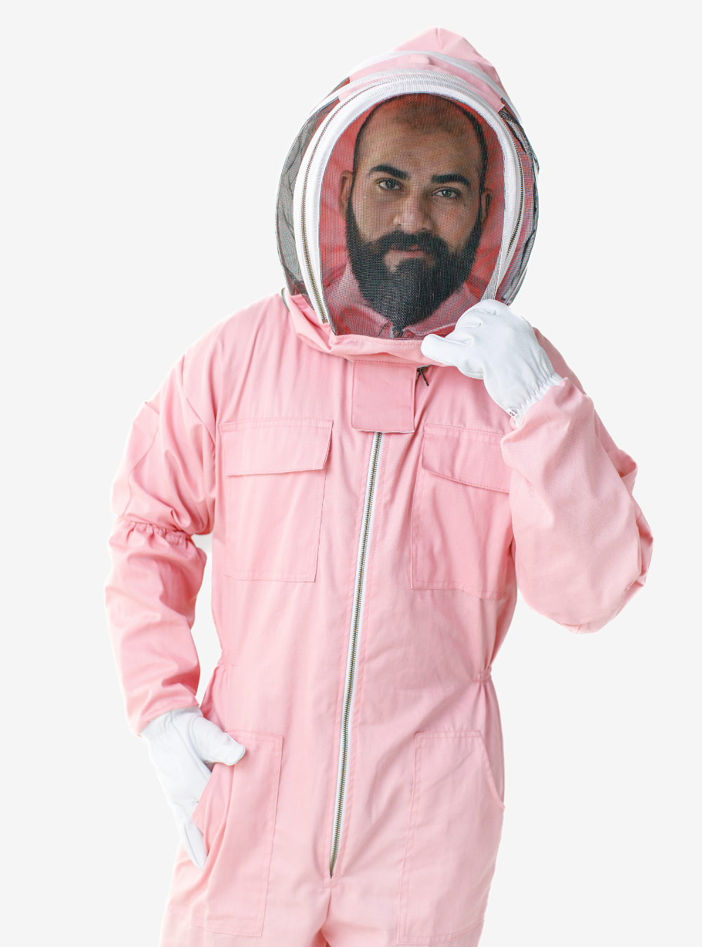 Closeup of Polycotton Pink Beekeeping Suit Classic crafted with 100% poly cotton fabric, featuring a Fencing veil, matching gloves, and ample pockets for beekeeping tools.