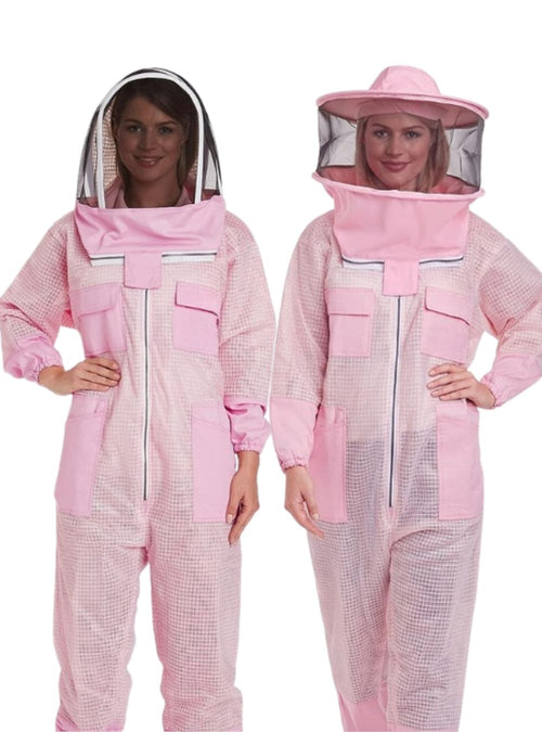 A pink beekeeping suit, designed with ventilated fabric and multiple fencing,round veil styles for versatility in beekeeping tasks