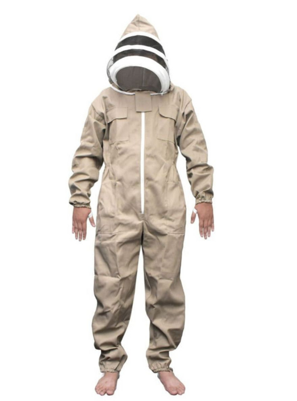 Polycotton Beekeeping Suit crafted with 100% poly cotton fabric, featuring a Fencing veil, elastic cuffs, and ample pockets for beekeeping tools.