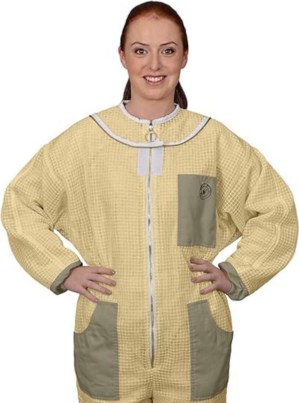 Model is wearing Sting Prof Beekeeping Suit featuring multiple pockets, elastic cuff insuring your ease during Beekeeping tasks.