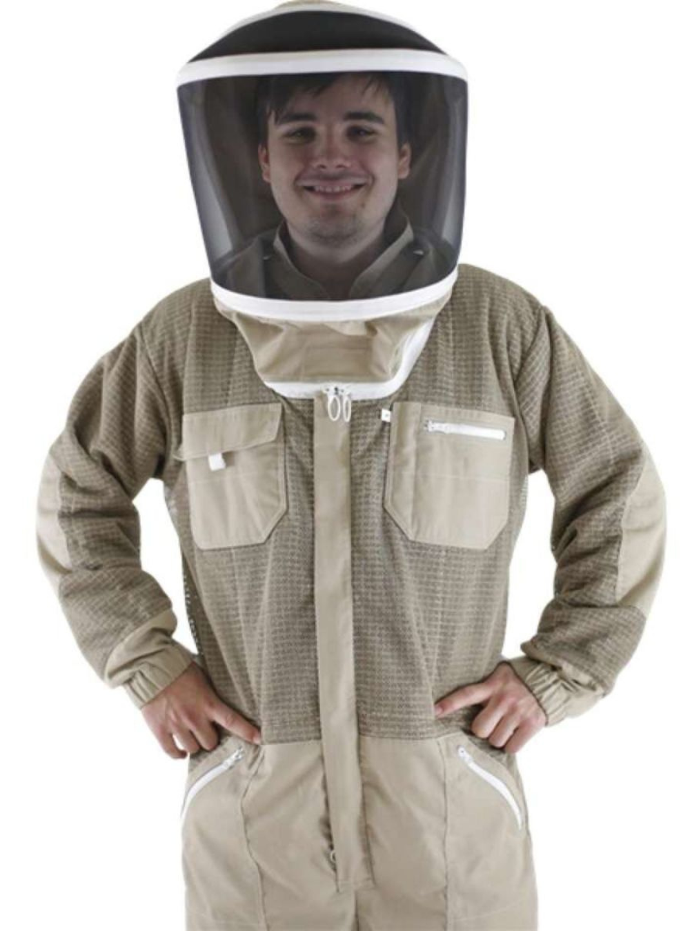 Close-up of a beekeeper wearing a Swienty Breeze Protector Beekeeping Suit  with elastic cuffs and a breathable round veil, ensuring comfort and sting protection.