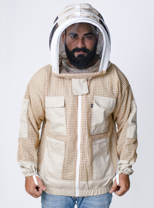 Man in a Triple Vent-Armor Beekeeping Jacket featuring Fencing veil, elastic cuffs, triple-layer ventilation for enhanced airflow, ensuring cool and comfortable wear during beekeeping tasks.