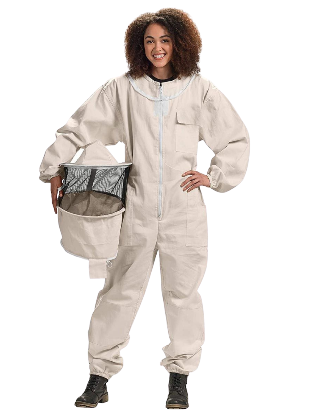 Full-body shot of a beekeeper dressed in a high-protectionUltra Light Beekeeping Suit  with a detachable Fencing veil, amble pockets for Beekeeping tools and elastic cuffs.