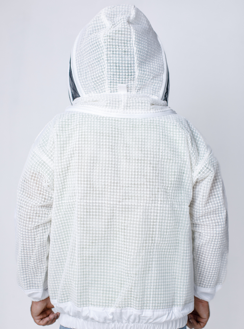 A 3 layer ventilated 'Ultra Breeze Beekeeping Jacket with Veil' for beekeeping, with Fencing Veil Back Look