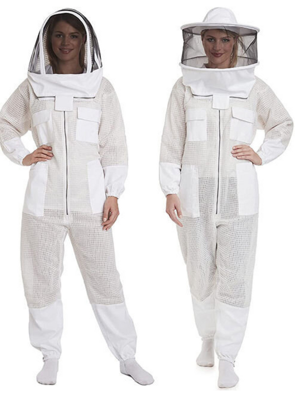 "Full-body shot of beekeepers dressed in 3 Layer Ventilated Bee Suit with a detachable ventilated Fencing veil, amble pockets for Beekeeping tools, and elastic cuffs.
