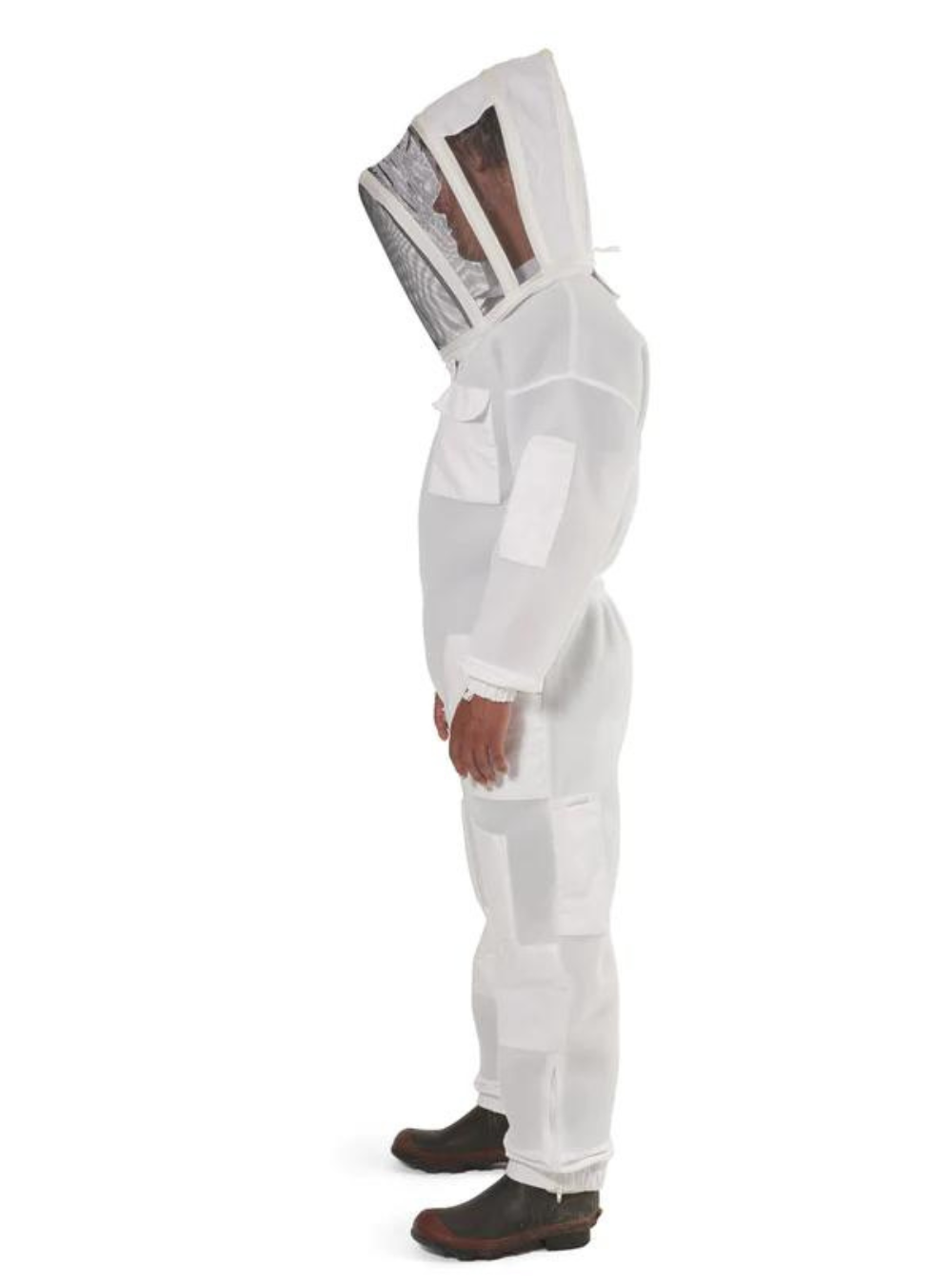 A side profile of 3 Layer Ventilated Bee Suit With a breathable ventilated Fencing Veil and elastic cuffs to make beekeeping comfortable.