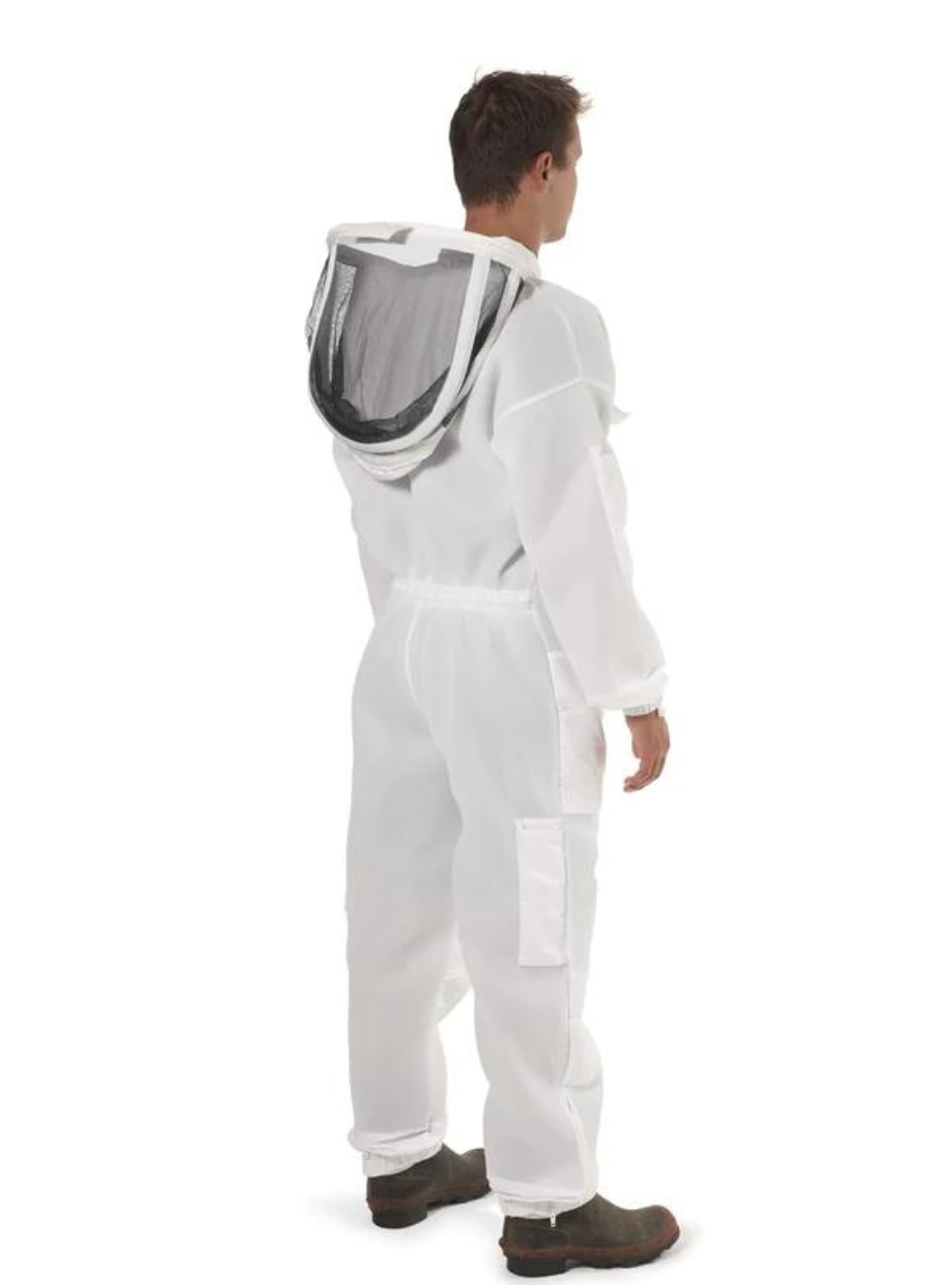Back side view of 3 Layer Ventilated Bee Suit With a detachable ventilated Fencing Veil and elastic cuffs to make beekeeping comfortable.