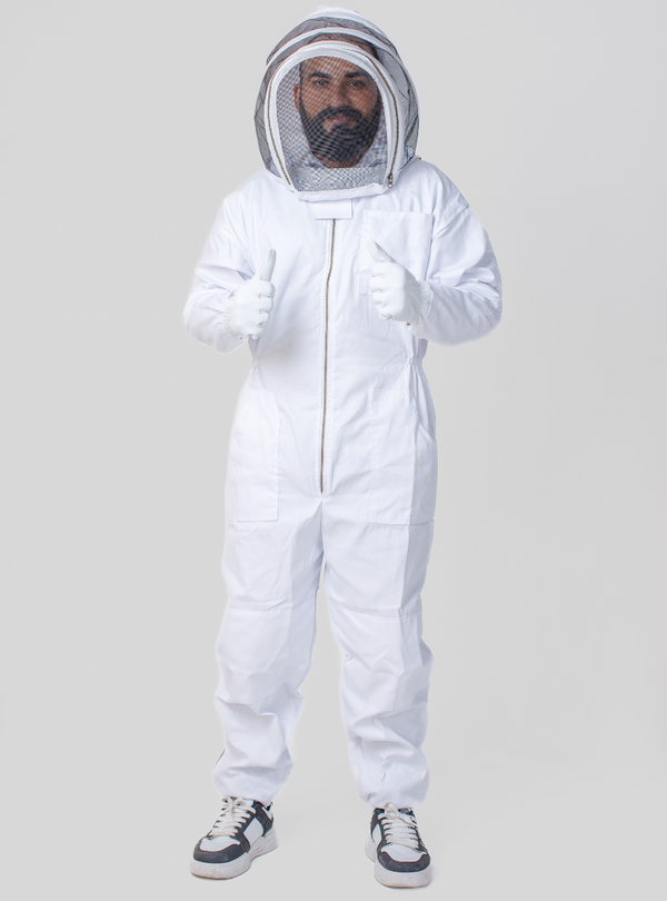 Full-body image of a man in a white beekeeping suit with seamless matching gloves and a secure round fencing veil, designed for comprehensive safety.