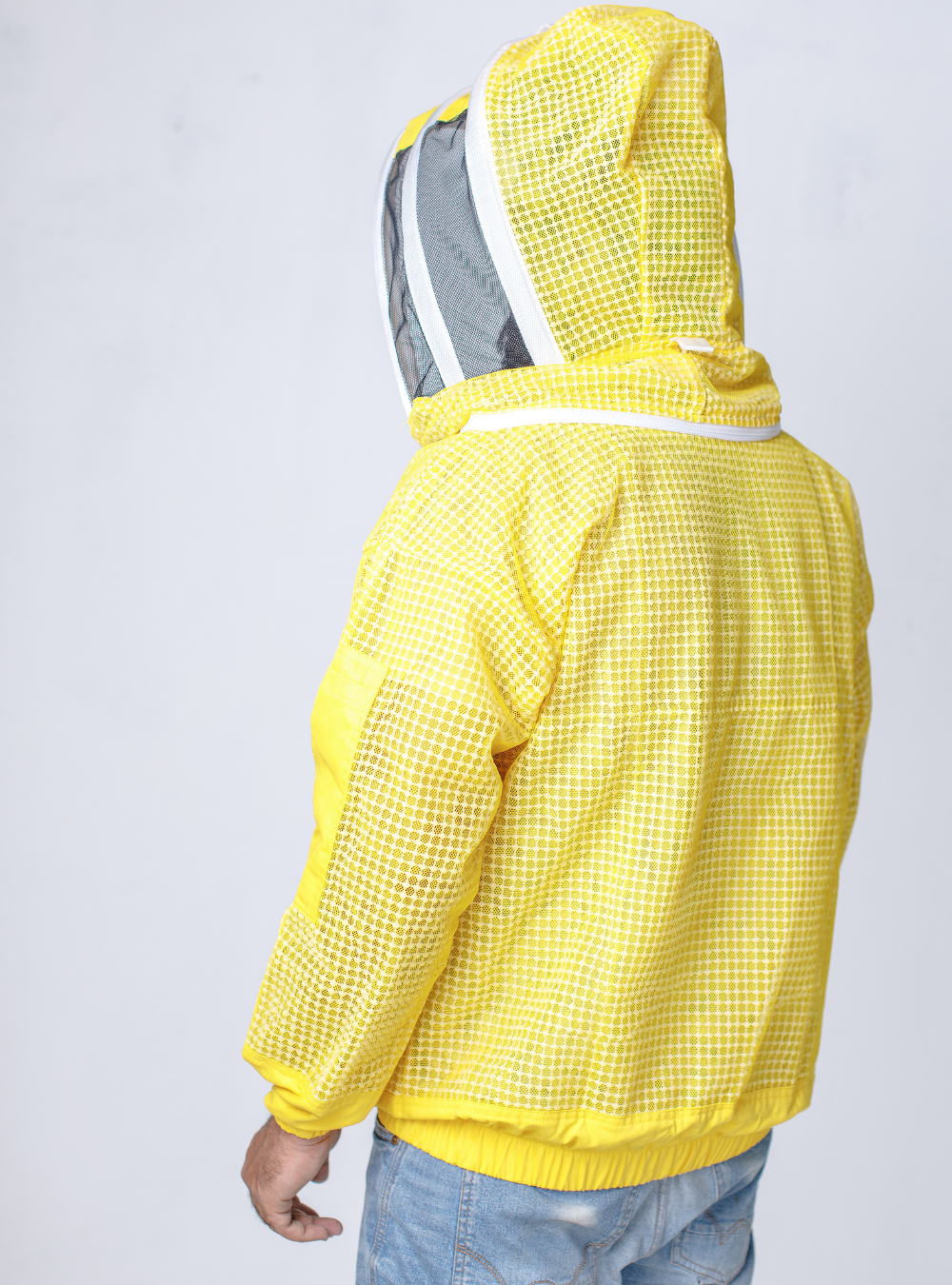  Yellow Beekeeping jacket incorporating a breathable hood and double-stitched construction for durability Back Look.