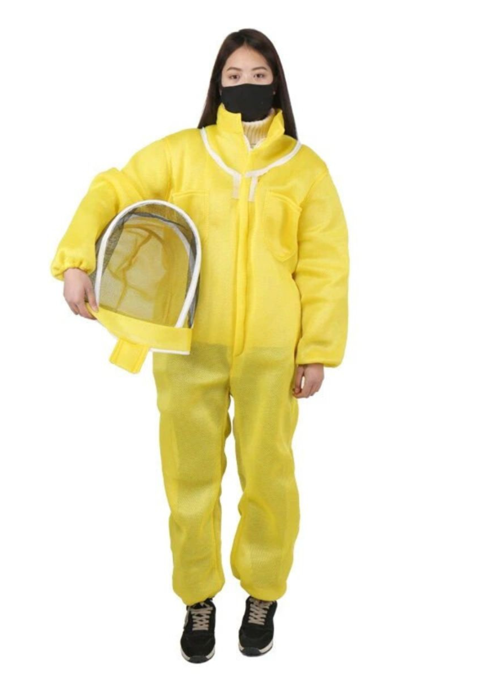 Full-body shot of a beekeeper dressed in a Yellow Breathable Beekeeping suit with a detachable Fencing Vail, multiple pockets, elastic cuffs for comfort, and double-stitched construction for durability.