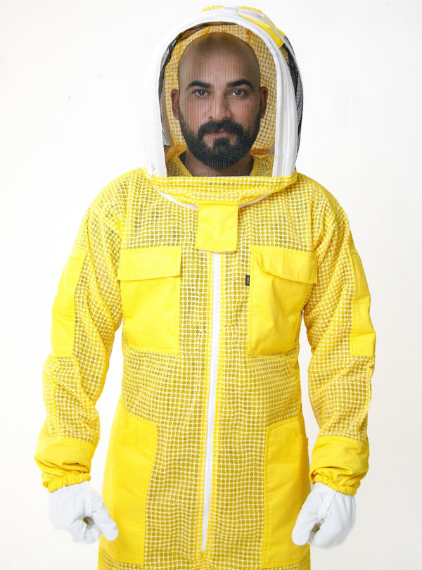 Yellow bee breathable suit for beekeepers, featuring full protective mesh hood, zip-front closure, multiple pockets, and comfortable gloves, designed for maximum airflow and safety during beekeeping tasks.