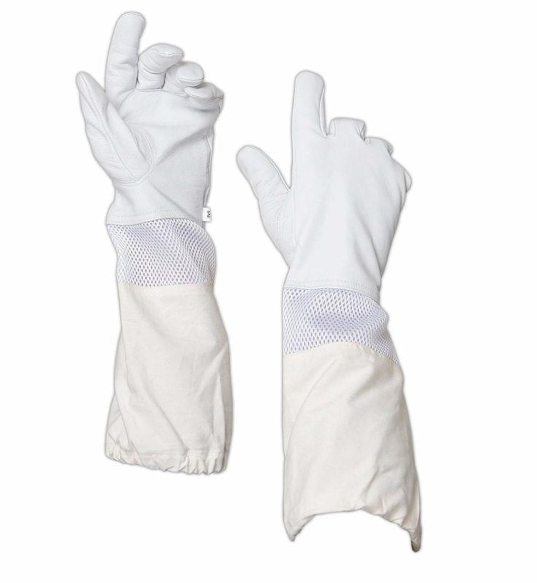 Pair of Goatskin Ventilated Gloves with reinforced fingertips, providing both airflow through the mesh back and enhanced durability for handling beekeeping tools.