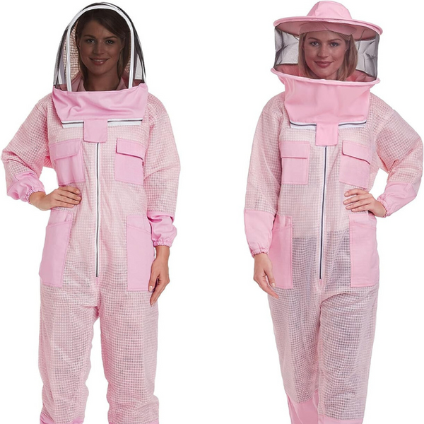 A pink beekeeping suit, designed with water-resistant fabric and multiple fencing veil styles for versatility in beekeeping tasks