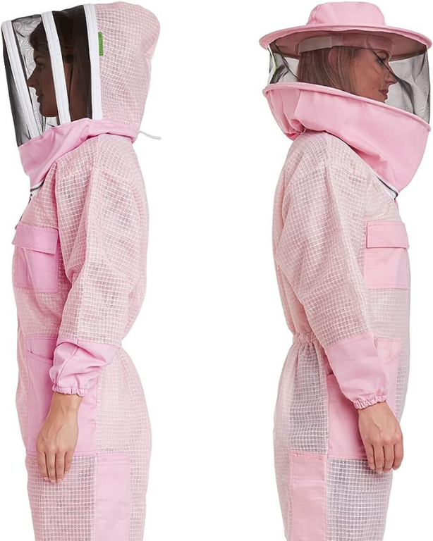 A Patel Pink beekeeping suit, tailored with ample pockets, articulated elbows and knees for unrestricted movement during hive inspections